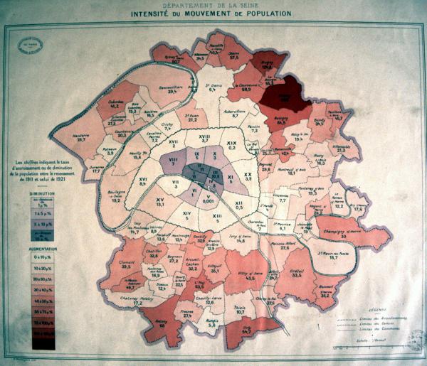 Image 17 - Direction de l’Extension de Paris, « Département de la Seine. Intensité du mouvement de population de 1911 à 1921 », 1922 (Bibliothèque historique de la Ville de Paris)