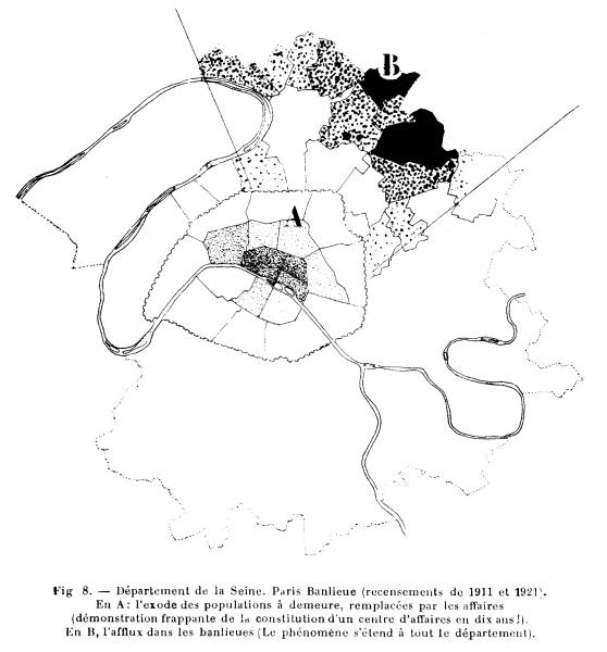 Image 18 - Le Corbusier, « Département de la Seine. Paris Banlieue (recensements de 1911 et 1921) » (carte publiée dans <em>Urbanisme</em>, 1925)