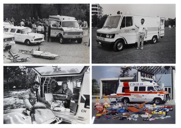 Image 5 - Ensemble D1, composé de quatre images de presse : présentation aux médias des ambulances d’Yverdon (4 juillet 1979), d’une ambulance de Fribourg (8 août 1986), de l’Association Romande des Ambulanciers à Morat (29 mars 1990) et des ambulances Métropole Lausanne (1991)