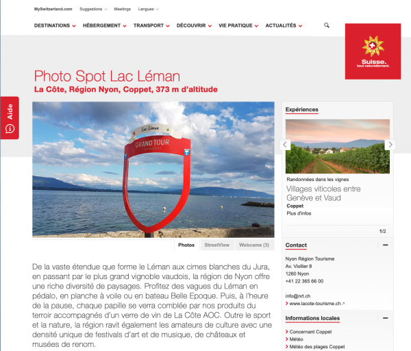 Image 7 - Capture d’écran, site web, Suisse Tourisme, page du « photo spot » de Coppet, au bord du Lac Léman.
