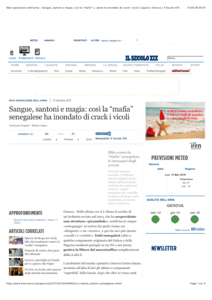 Image 1 – Capture d’écran du quotidien <em>Il Secolo XIX</em> (13 octobre 2017). Traduction du titre : « Sang, saints et magie : Ainsi, la “mafia” sénégalaise a inondé les ruelles de crack »