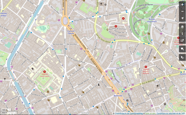 Image 4 – La partie est du 10e arrondissement de Paris et la partie sud-ouest du 20<sup>e</sup> arrondissement. La rue Sainte-Marthe se trouve à l’est de l’Hôpital Saint-Louis