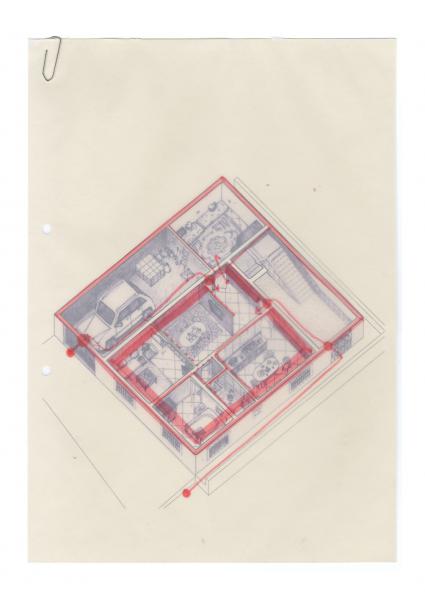 Image 7, Récit visuel 3b – Au seuil d’une maison de retour. Les relations intérieurs-extérieurs, tracées en feutre rouge sur un papier calque posé sur le portrait habité