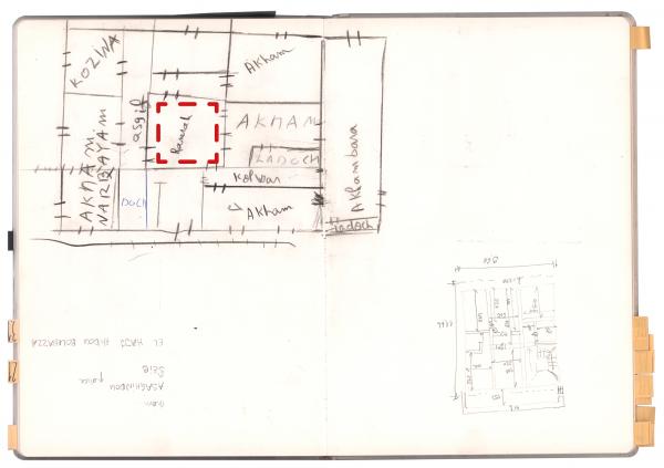 Image 11, Récit visuel 4c – Sur les vestiges d’une maison à mrah. Dessin de Hamid au crayon noir dans un carnet format A4, le 20 mars 2019. Les tirets rouges rajoutés indiquent l’emplacement du mrah