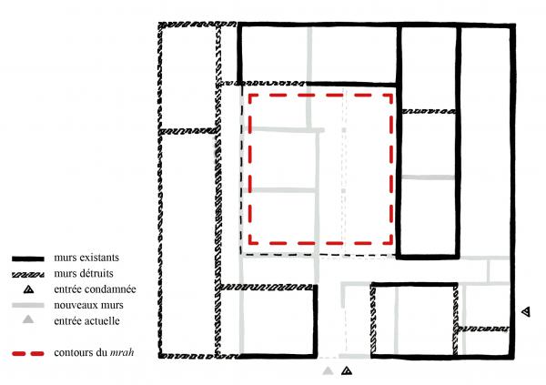 Image 12, Récit visuel 4d – Sur les vestiges d’une maison à mrah. Plan schématique qui reprend les murs anciens, existants et nouveaux, et l’emplacement de l’ancien mrah