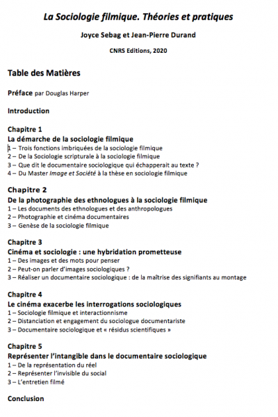 Images 1 et 2 - Couverture et table des matières de l'ouvrage <em>La sociologie filmique</em>