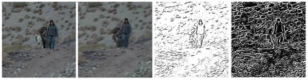 Imagen 1 - Tres ejemplos de filtros NPR : frame nativo (izquierda), COLOR COMIC (centroizquierda), PASTEL (centroderecha), PAINTING (right). Extracto de la película « Las Niñas Quispe ».