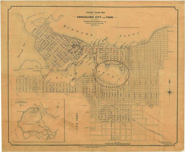 Image 2 - Carte touristique de la ville de Vancouver et de ses parcs. Entourée en pointillé, la zone de False Creek Flats