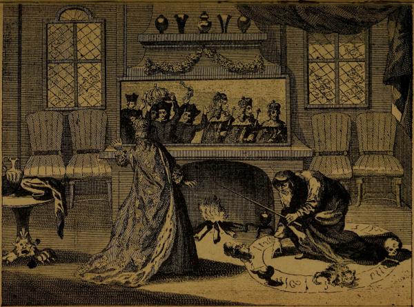 Image 3 - Gravure de 1710 représentant Nostradamus dessiner des cercles et des signes symboliques devant Catherine de Médicis qui découvre dans un miroir magique la succession de ceux qui devaient régner en France.