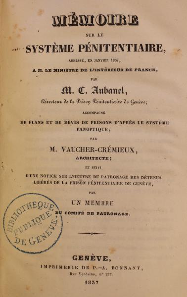 Image 10 - Couverture de l’ouvrage de Christophe Aubanel, Mémoire sur le système pénitentiaire (1837).