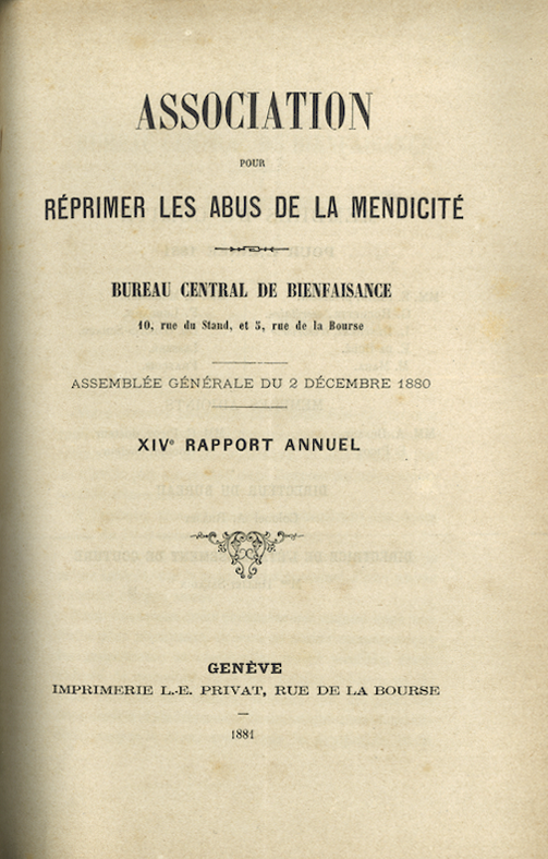 Image 11 - Couverture du XIV<sup>e</sup> rapport annuel de l’Association pour réprimer les abus de la mendicité, Bureau central de Bienfaisance (1881).